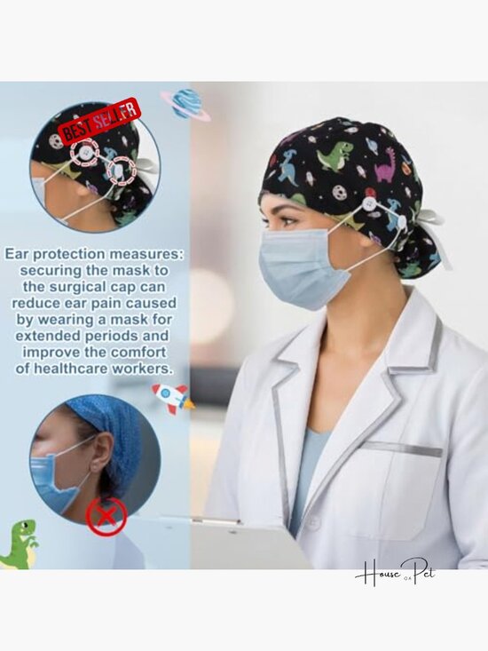 6 Pcs Scrub Caps with Buttons Adjustable Bouffant Hat Ponytail Holder Tie Back